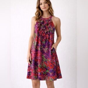 Vintage 90s Madison Leigh Floral Ruffle Halter Dress Size 6 Y2K Shift Retro